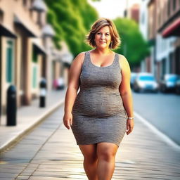 A beautiful 50-year-old woman with a voluptuous, curvy, and plus-size figure, wearing a stylish thigh-length mini dress