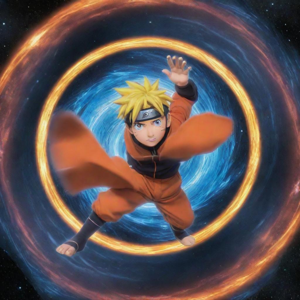 An enhanced animated Naruto Uzumaki, situated in the heart of outer space, gripping a more intricately swirled galaxy-themed Rasengan, celestial bodies reflected vividly around him.