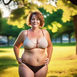 A beautiful, voluptuous, curvy, plus-size woman around 50 years old with short hair is walking around a town park in the summer evening light