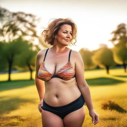 A beautiful, voluptuous, curvy, plus-size woman around 50 years old with short hair is walking around a town park in the summer evening light