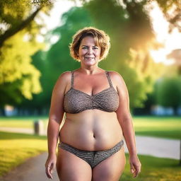 A beautiful, voluptuous, curvy, plus-size woman around 50 years old with short hair is walking around a town park in the summer evening light