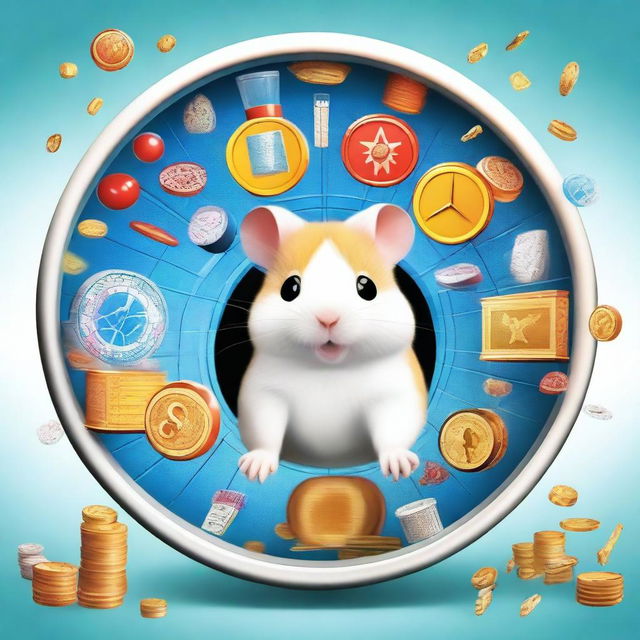 A futuristic image depicting a hamster running in a hamster wheel, surrounded by world leaders, digital memes, symbols of computer chips and smartphones, cultural icons of Hollywood, a bottle of vodka, and elements of revolution