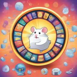 A futuristic image depicting a hamster running in a hamster wheel, surrounded by world leaders, digital memes, symbols of computer chips and smartphones, cultural icons of Hollywood, a bottle of vodka, and elements of revolution