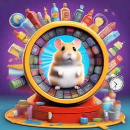 A futuristic image depicting a hamster running in a hamster wheel, surrounded by world leaders, digital memes, symbols of computer chips and smartphones, cultural icons of Hollywood, a bottle of vodka, and elements of revolution