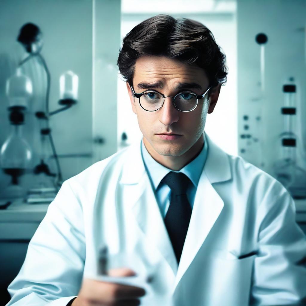 A movie poster featuring a roughly 20-year-old scientist in a white lab coat in the foreground, who is disturbed by the consequences of his otherwise brilliant invention (a bomb)