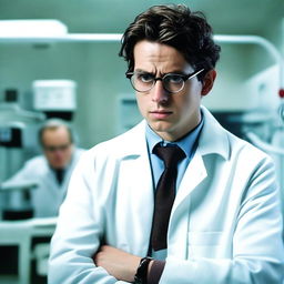 A movie poster featuring a roughly 20-year-old scientist in a white lab coat in the foreground, who is disturbed by the consequences of his otherwise brilliant invention (a bomb)