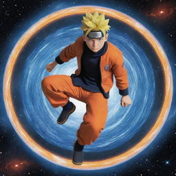 An enhanced animated Naruto Uzumaki, situated in the heart of outer space, gripping a more intricately swirled galaxy-themed Rasengan, celestial bodies reflected vividly around him.