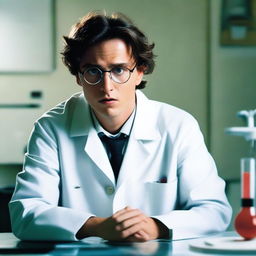 A movie poster featuring a roughly 20-year-old scientist in a white lab coat in the foreground, who is disturbed by the consequences of his otherwise brilliant invention (a bomb)