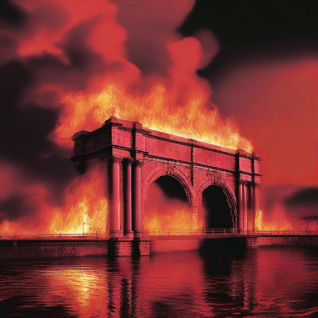 A dramatic scene featuring the Wrexham Aqueduct with a red background and fire elements