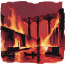 A dramatic scene featuring the Wrexham Aqueduct with a red background and fire elements