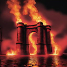 A dramatic scene featuring the Wrexham Aqueduct with a red background and fire elements