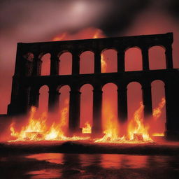 A dramatic scene featuring the Wrexham Aqueduct with a red background and fire elements