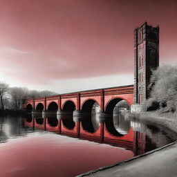 A striking image of the Wrexham Aqueduct set against a red background