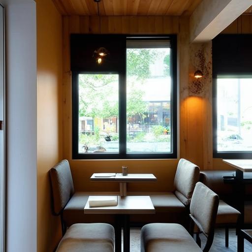 A cozy coffee cafe featuring simple and neat table arrangements, complete with private cabins for a tranquil, efficient atmosphere.