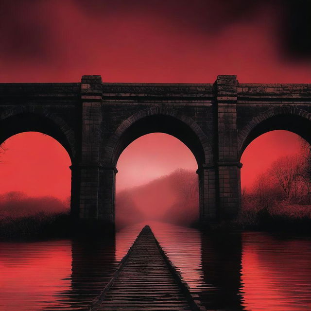 An eerie book cover featuring the Wrexham Aqueduct with a red background