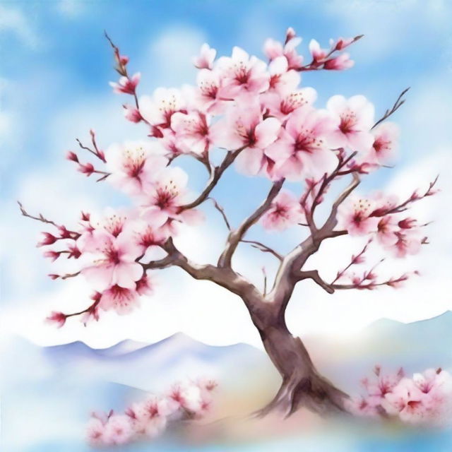 A beautiful cherry blossom tree in full bloom, depicted in a delicate watercolor painting style