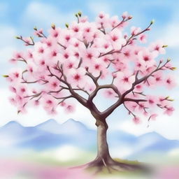 A beautiful cherry blossom tree in full bloom, depicted in a delicate watercolor painting style