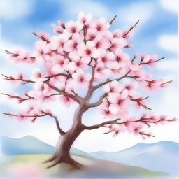 A beautiful cherry blossom tree in full bloom, depicted in a delicate watercolor painting style