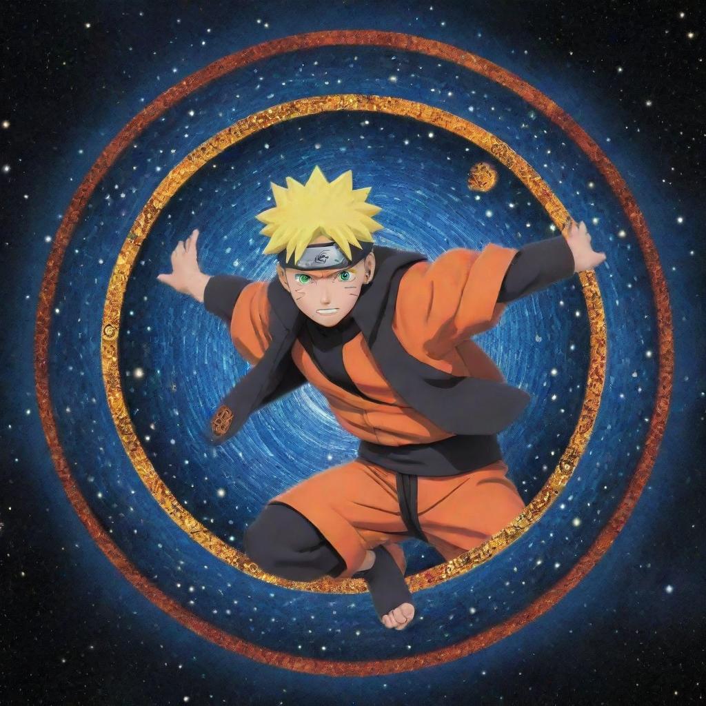 A vividly animated Naruto Uzumaki emblazoned against a star-studded cosmos, holding a intricately detailed galaxy-themed Rasengan reflecting millions of tiny stars.