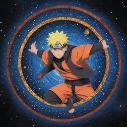 A vividly animated Naruto Uzumaki emblazoned against a star-studded cosmos, holding a intricately detailed galaxy-themed Rasengan reflecting millions of tiny stars.