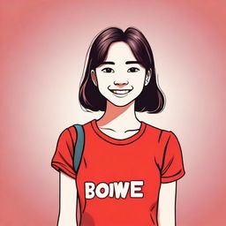 A girl wearing a red t-shirt, standing with a cheerful expression