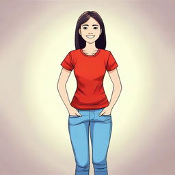 A girl wearing a red t-shirt, standing with a cheerful expression