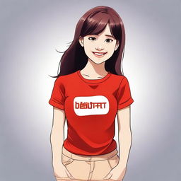 A girl wearing a red t-shirt, standing with a cheerful expression