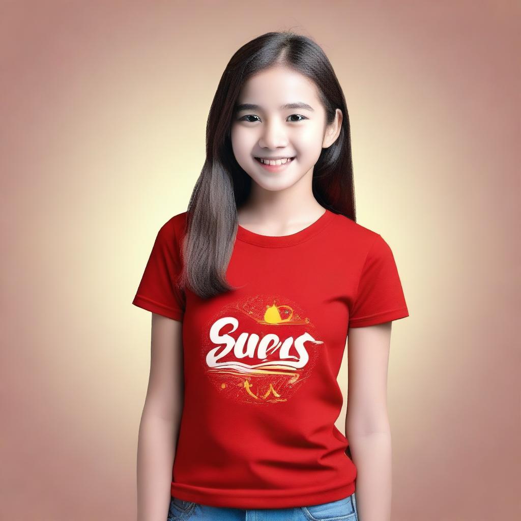 A girl wearing a red t-shirt, standing with a cheerful expression