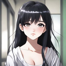 A beautiful 19-year-old girl with black hair and black eyes, featuring high-quality anime-style artwork