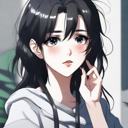 A beautiful 19-year-old girl with black hair and black eyes, featuring high-quality anime-style artwork