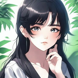 A beautiful 19-year-old girl with black hair and black eyes, featuring high-quality anime-style artwork