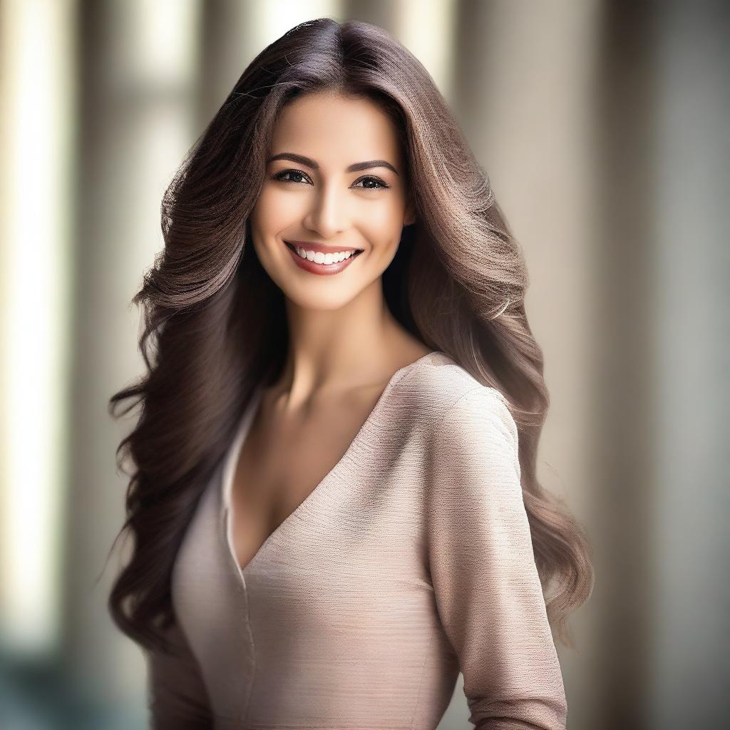 A beautiful woman with elegant features, long flowing hair, and a radiant smile