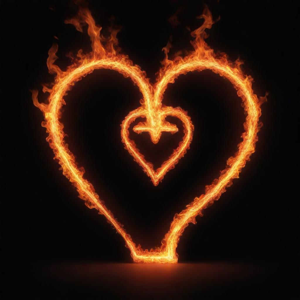 An uppercase letter L burning with intense, vivid flames intertwined with a glowing, pulsating heart.