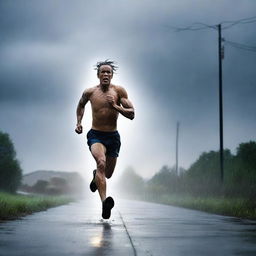 A man running fast in the dark under a thunderstorm and heavy rain