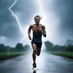 A man running fast in the dark under a thunderstorm and heavy rain