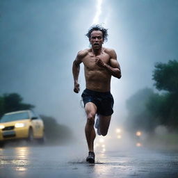 A man running fast in the dark under a thunderstorm and heavy rain