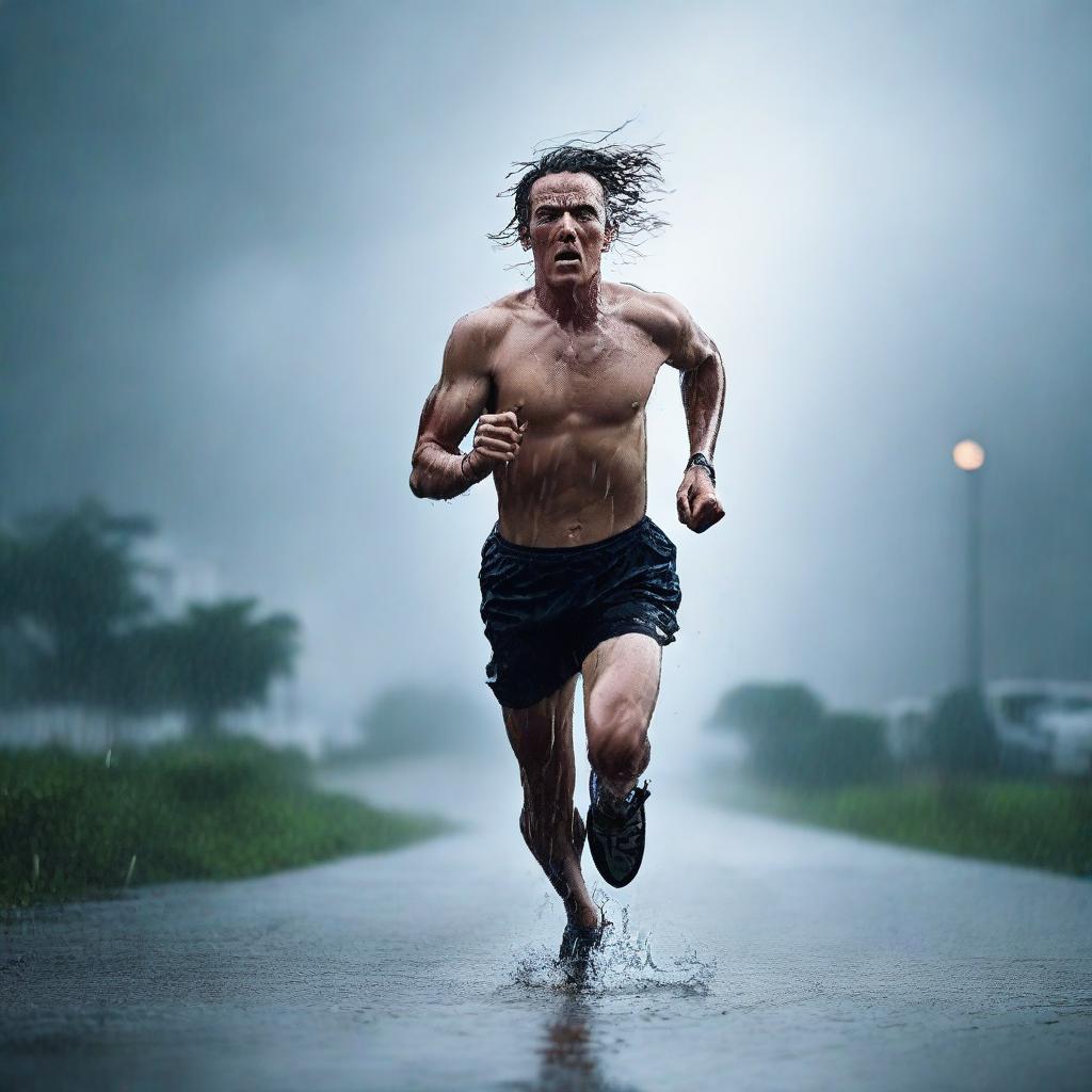 A man running fast in the dark under a thunderstorm and heavy rain