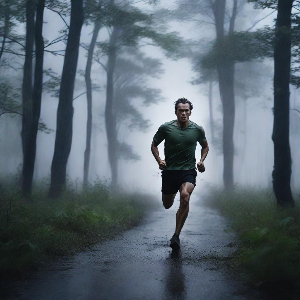 A man is running fast through a dark forest during a thunderstorm