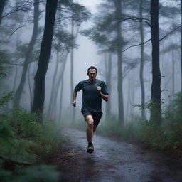 A man is running fast through a dark forest during a thunderstorm