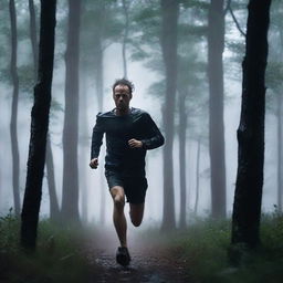 A man is running fast through a dark forest during a thunderstorm