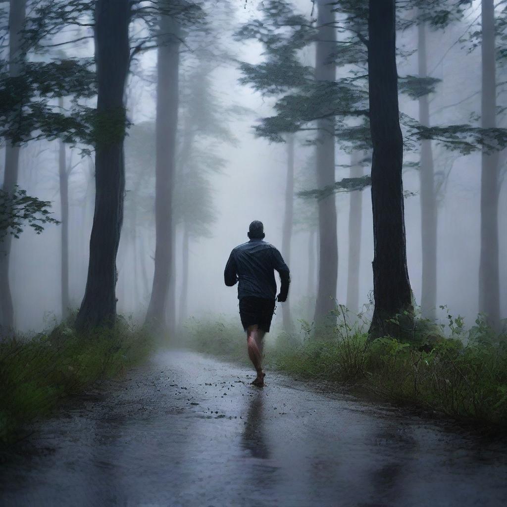 A man is running fast through a dark forest during a thunderstorm