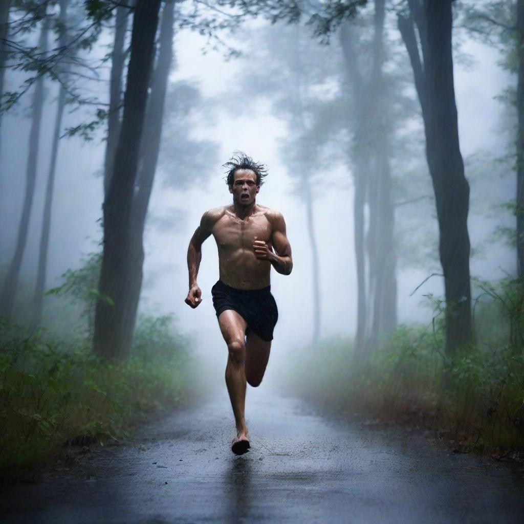 A man running fast through a dark forest under a thunderstorm and heavy rain