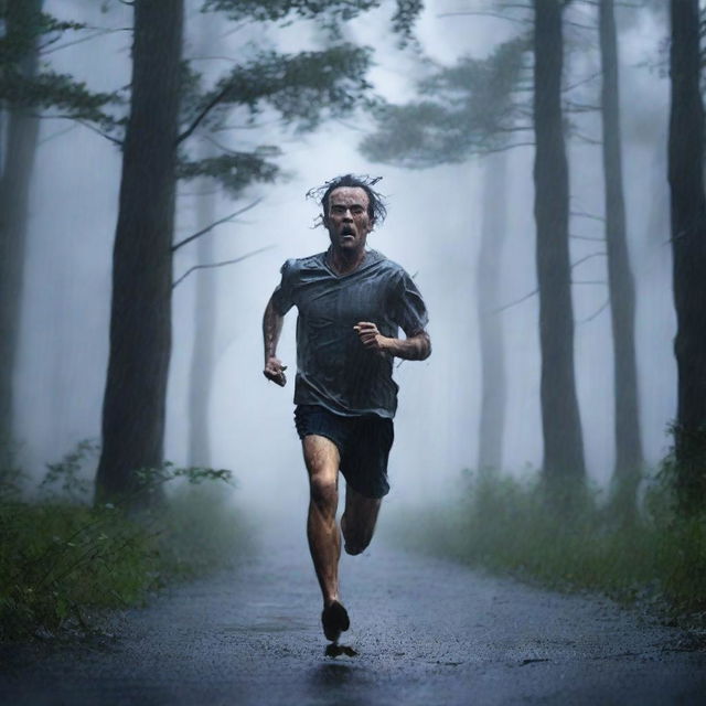 A man running fast through a dark forest under a thunderstorm and heavy rain