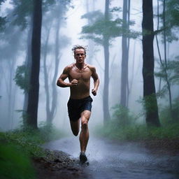 A man running fast through a dark forest under a thunderstorm and heavy rain