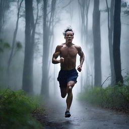 A man running fast through a dark forest under a thunderstorm and heavy rain