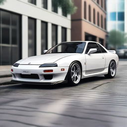 A detailed and realistic rendering of a Nissan 180SX car with a premium opal white silver pearl paint job