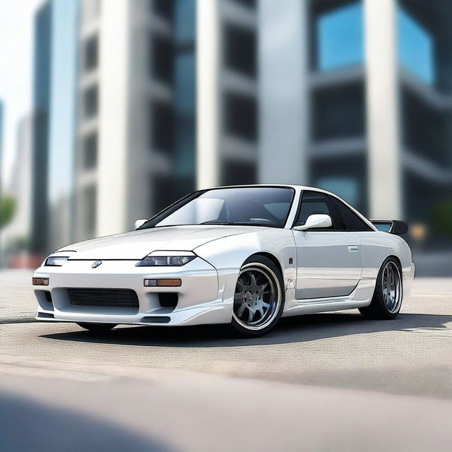 A detailed and realistic rendering of a Nissan 180SX car with a premium opal white silver pearl paint job