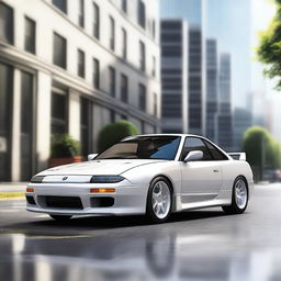 A detailed and realistic rendering of a Nissan 180SX car with a premium opal white silver pearl paint job