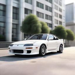 A detailed and realistic rendering of a Nissan 180SX car with a premium opal white silver pearl color