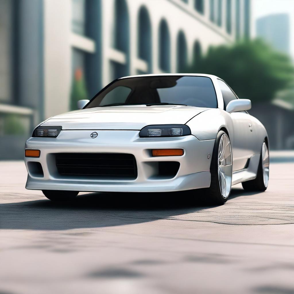 A detailed and realistic rendering of a Nissan 180SX car with a premium opal white silver pearl color